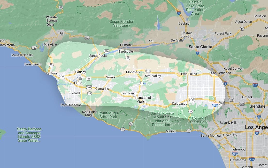 service area map Shelter Roofing and Solar Moorpark and Thousand Oaks